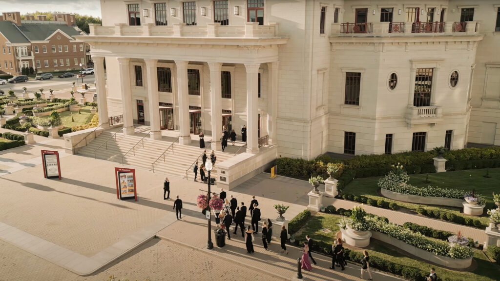 Aerial view of guests walking into the Palladium